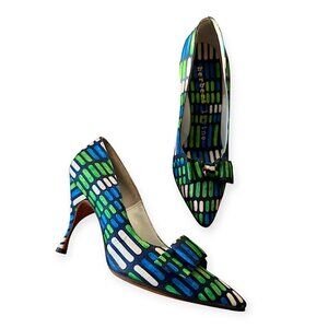 Vintage Herbert Levine Pumps |1960s Mod| Blue Green Geometric, Bow | Size 5.5A